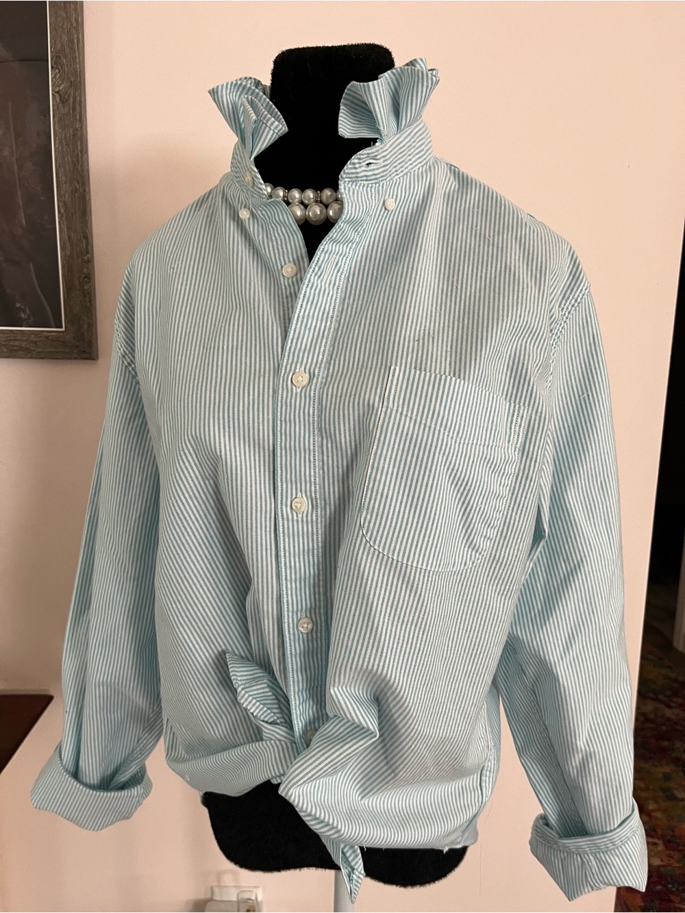 Upcycled J. Crew Turquoise and White Striped Button Diwn with Ruffle Collar